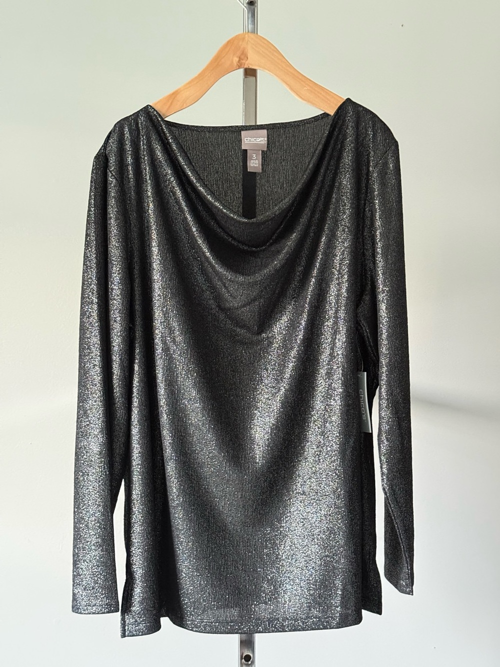 Chico's NWT Silver Metallic Foil Cowl Neck Dressy Elegant Blouse Size 3 XL